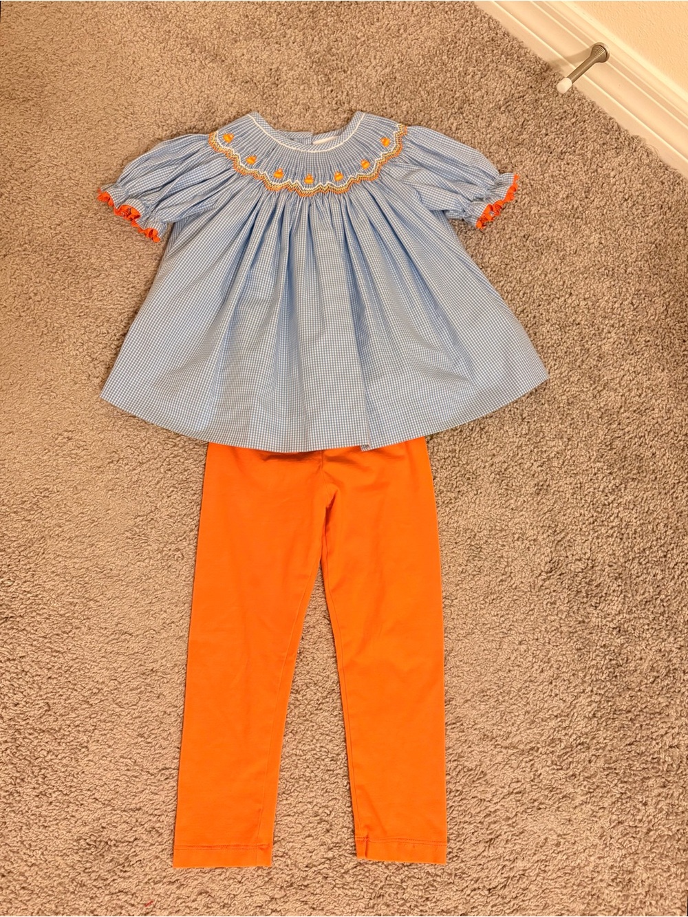 Light Blue Smocked Top and Orange Legging Set for Kids
